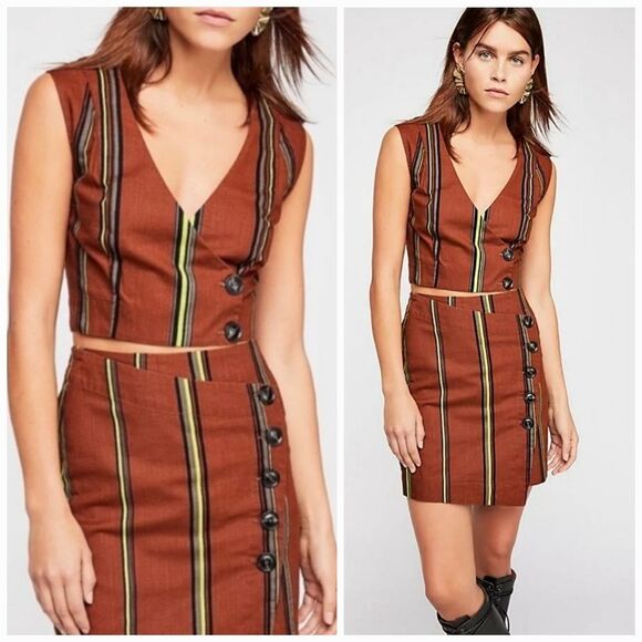 Free People Brown Striped Linen Look Sleeveless Buttoned Wrap V-neck Top Vest 2 - Picture 1 of 14